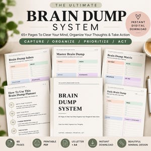 May include: A digital planner set titled The Ultimate Brain Dump System featuring 65 pages for organizing thoughts. The pages include sections for a Brain Dump Inbox, Master Brain Dump, Brain Dump Matrix, and Daily Brain Dump with pastel-colored boxes.