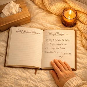 May include: An open journal titled "Grief Support Planner" with handwritten affirmations. A lit candle in a glass holder and a wooden tissue box are also visible. The journal's page reads "Today's Thoughts" with affirmations.