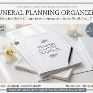 Puede incluir: Una guía blanca de Funeral Planning Organizer con el texto "Funeral Planning Organizer" y "A Complete Guide Through Every Arrangement, Every Detail, Every Step". Incluye un bolígrafo, una vela y una flor.