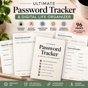 Op de afbeelding: Een digitaal levensorganisatie- en wachtwoordtrackersysteem met 96 pagina's aan printbare sjablonen. De documenten bevatten secties voor wachtwoordlogboeken, accountorganisatoren, abonnementsbeheerders, beveiligingsplanners en noodinformatie.