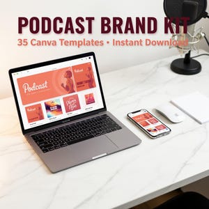 Könnte beinhalten: Ein Laptop und ein Smartphone zeigen Podcast-Branding-Vorlagen. Der Laptop-Bildschirm zeigt ein Podcast-Website-Design mit orangefarbenen und rosa Akzenten. Der Text "PODCAST BRAND KIT" steht oben, darunter "35 Canva Templates • Instant Download".