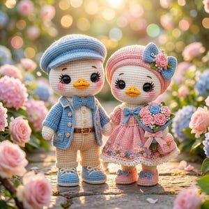 May include: Two adorable crocheted duck dolls, a male and female, stand amidst a garden of pink and blue flowers. The male duck wears a blue cap, jacket, and pants, while the female duck is in a pink dress and hat, holding a bouquet.