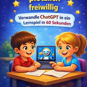 May include: Illustration of two children smiling at a laptop displaying a robot. The text above reads "Your child suddenly learns willingly." Below, the text says "Transform ChatGPT into a learning game in 60 seconds."