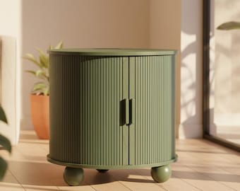 Green Round Nightstand with Charging Station, Mid Century Modern End Table, Fluted Sliding Door Bedside Table
