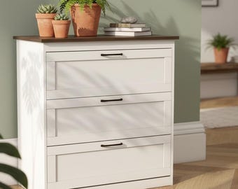 Armario de almacenamiento blanco de 3 cajones estilo granja – Cajonera de madera rústica moderna
