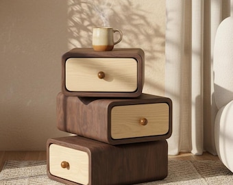 Rotating Solid Wood Bedside Table, Vintage Modern 3-Tier Nightstand