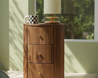 Fully Assembled Round End Table, Fluted Mid Century Walnut Side Table with 3 Drawers, Modern Bedside Storage Table