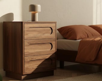 Modern 3 Drawer Nightstand, Mid Century Dark Walnut Bedside Table, Push Open Storage End Table with Oval Groove Panels