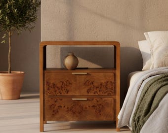 Mesita de noche rústica de granja, mesita de noche de madera con acabado de raíz, mueble para espacios pequeños.
