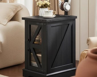 Mesita de noche estrecha estilo granja con puerta de cristal, mesa auxiliar de madera negra para espacios pequeños, organizador de almacenamiento para mesita de noche.