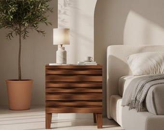 Mesita de noche estriada de madera maciza, estilo bohemio moderno, acabado verde.