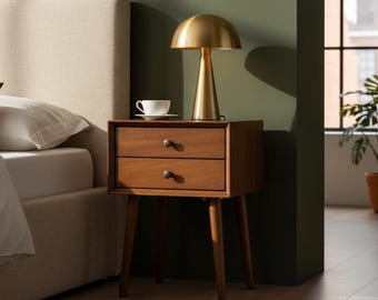 Mesita de noche de nogal con 2 cajones, mesa auxiliar moderna, mesa de almacenamiento de madera.