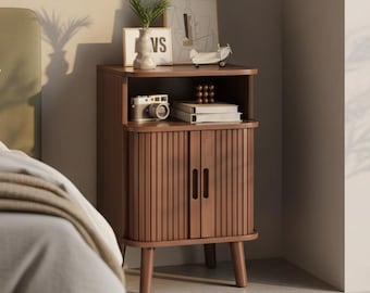 Mid-Century Modern Walnut Nightstand with Sliding Door Storage Cabinet