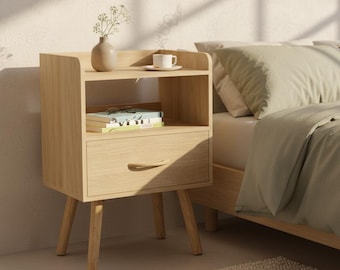 Mid Century Modern Nightstand, Wood Bedside Table with Fabric Drawer
