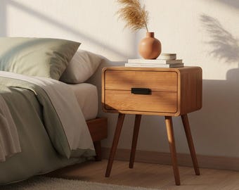 Mesita de noche de estilo moderno de mediados de siglo, mesa auxiliar escandinava, patas de madera maciza, 2 cajones.