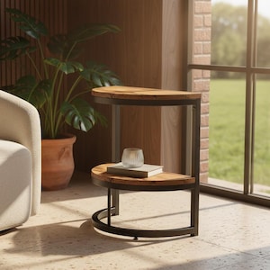 May include: A two-tiered side table with a dark metal frame and wooden shelves. A small glass vase and a book rest on the lower shelf. A cream-colored armchair and a potted plant are in the background. The table is 24 inches high.