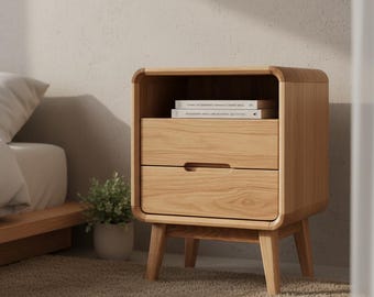 Mesita de noche escandinava de madera maciza de haya, mesita de noche moderna blanca, 2 cajones.