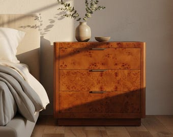 Mesita de noche de madera de raíz con 3 cajones, mesa auxiliar rústica de estilo granja, mueble auxiliar vintage.