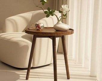 Vintage Round Wood Side Table, Small Space Accent Table