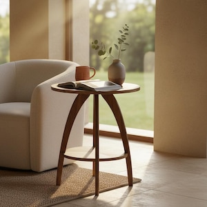 May include: A cozy interior scene featuring a cream-colored armchair and a small, round wooden side table. The table holds a book, a terracotta mug, and a vase with greenery. Natural light streams through a large window.