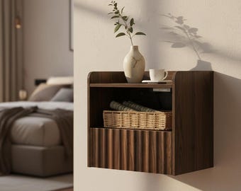 Mesita de noche flotante estriada de nogal, mesita de noche moderna de pared con cajón y estante