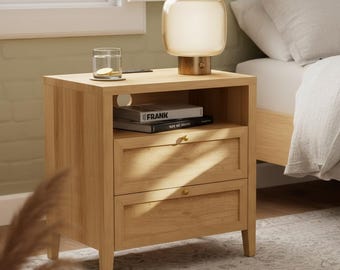 Mesita de noche de madera con toma de corriente, mesita de noche con dos cajones, almacenamiento lateral clásico de madera