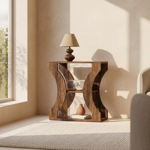 May include: A wooden side table with a lamp, books, and a small vase. The table has a unique curved design and is made of dark brown wood. The lamp has a beige shade. The table is placed on a light-colored rug.