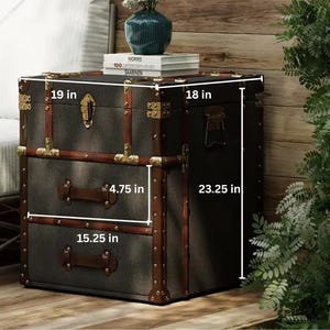 farmhouse grey wooden storage chest closed front view rustic vintage trunk
