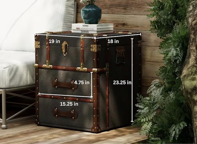 farmhouse grey wooden storage chest closed front view rustic vintage trunk