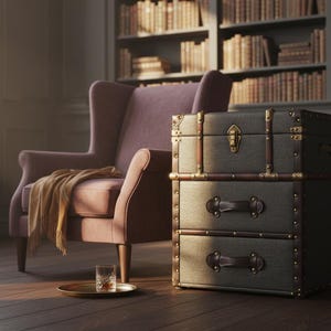 farmhouse storage chest used as side table in living room setting