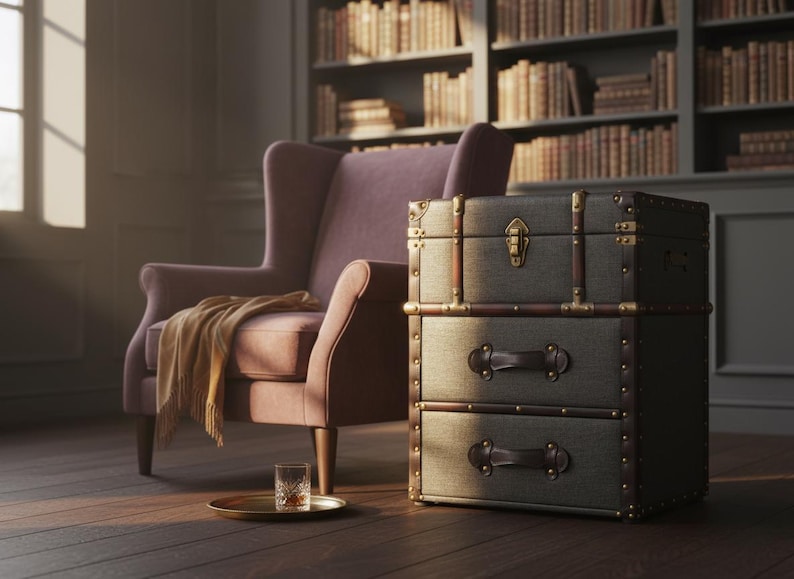 farmhouse storage chest used as side table in living room setting