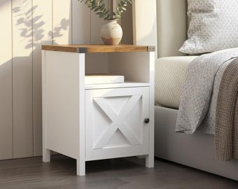 Mesita de noche estilo granja con puerta de granero, mesa auxiliar rústica con estante de madera.