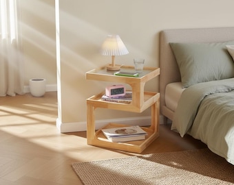Modern Hardwood Bedside Table, 2-Tier Wooden Nightstand