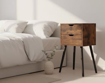 Juego de 2 mesitas de noche modernas, mesas de noche de madera con cajones, muebles de almacenamiento de color marrón.