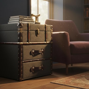 farmhouse storage chest used as side table in living room setting