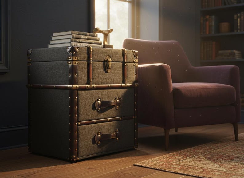 farmhouse storage chest used as side table in living room setting