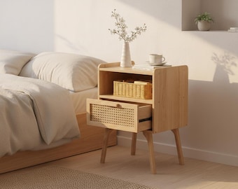 Rattan Nightstand Boho Side Table with Drawer | Cane Accent Bedside End Table for Dorm & Small Spaces