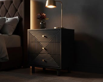 Mesita de noche negra de 3 cajones, mesita de noche moderna de madera con diseño geométrico y cajonera con tiradores dorados.