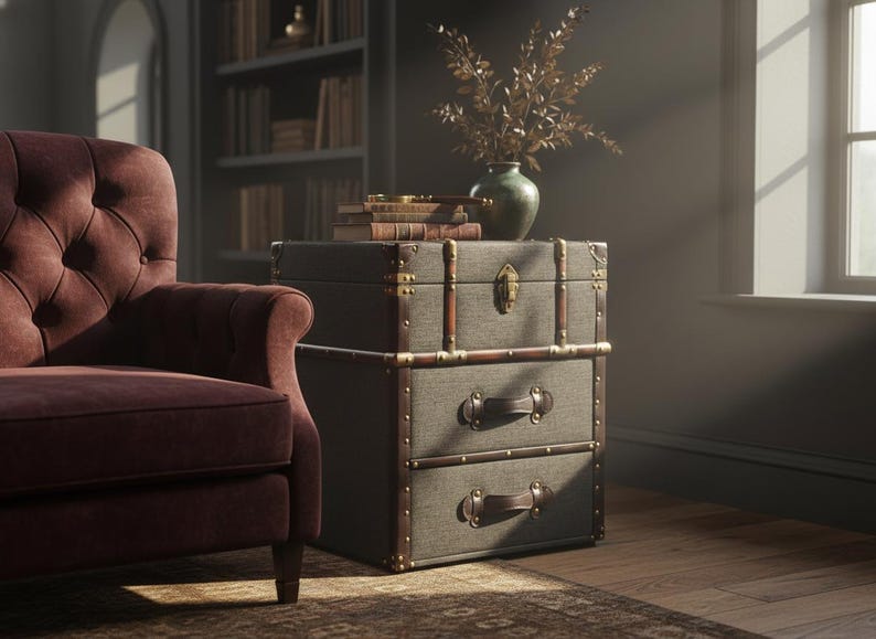 farmhouse grey wooden storage chest closed front view rustic vintage trunk