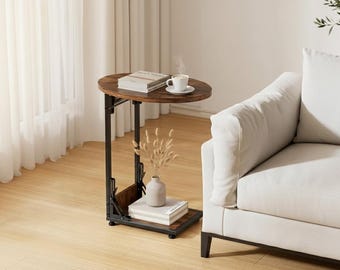 Folding C-Shaped Side Table, Vintage Wood Top, Space Saving
