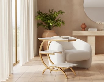 C-Shaped End Table: Modern White Faux Marble & Gold 3-Tier Side Table