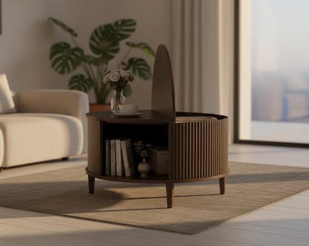 Mesa de centro redonda de estilo moderno de mediados de siglo, mesa de almacenamiento de madera estriada