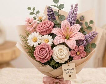Patroon gehaakt bloemboeket pdf, rozenlelie madeliefje lavendel, eeuwigdurend boeket, Moederdagcadeau,