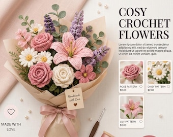 Häkelblumenstrauß PDF, Rose, Lilie, Gänseblümchen, Lavendel, immerwährender Blumenstrauß, Geschenk zum Muttertag,