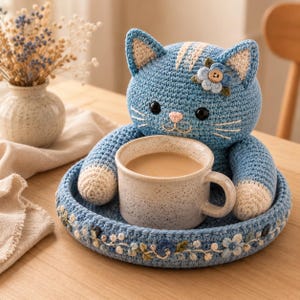 Peut inclure: Une figurine de chat crochetée bleue avec des pattes couleur crème et une petite fleur sur l'oreille, fixée à un plateau circulaire crocheté bleu assorti avec broderie florale, tenant une tasse en céramique mouchetée remplie de boisson.