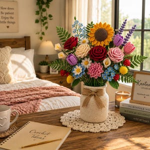 May include: A crocheted bouquet of colorful flowers, including a sunflower, roses, and tulips, in a cream-colored vase with a bow. The vase sits on a wooden table with a crochet doily, a mug, and a notebook that says "Crochet Ideas". A sign says "Knotnest Studio".