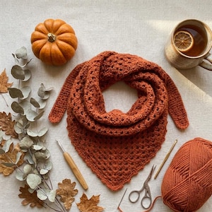 May include: An autumnal scene featuring a rust-colored crocheted shawl, a small orange pumpkin, and a ball of yarn. A mug of tea with a lemon slice, crochet hooks, and scissors complete the cozy arrangement. Dried leaves and eucalyptus sprigs add to the fall theme.