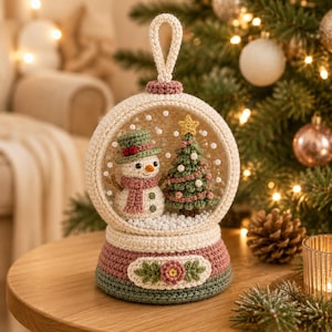 Può includere: Un ornamento rotondo a forma di palla di neve all'uncinetto con un pupazzo di neve con cappello verde e sciarpa rosa, e un albero di Natale verde con una stella gialla. La base è color crema e verde con un motivo floreale e un occhiello.
