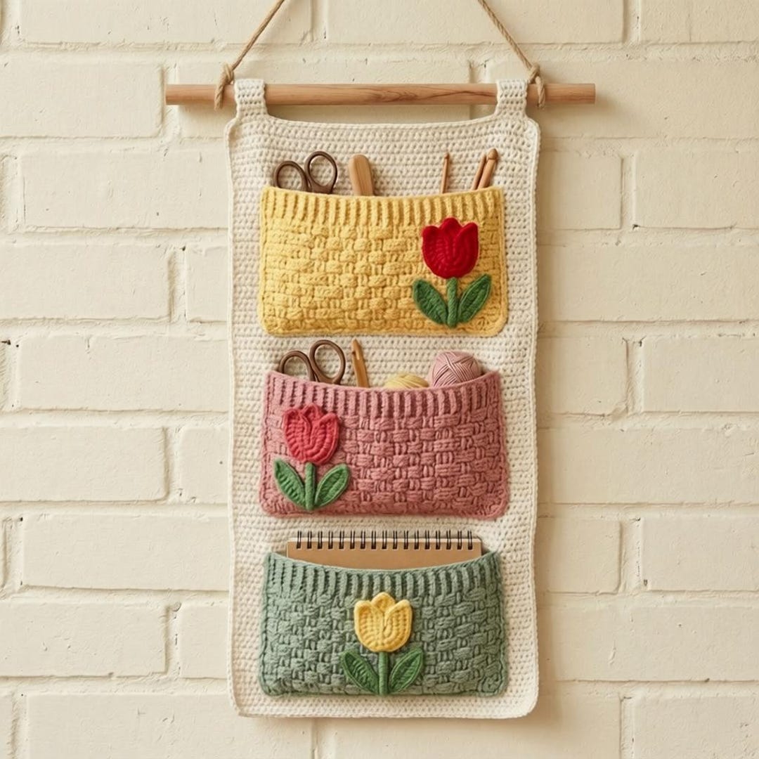Crochet Wall Organizer Pattern PDF | Tulip Appliqué 3-pocket Hanging ...