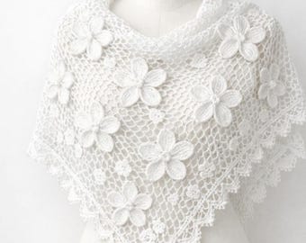 Crochet Shawl Pattern PDF | White Floral Lace Triangle Wrap | Bridal Wedding Shawl